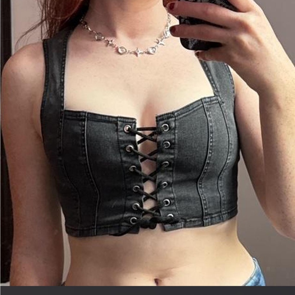 Lace-Up Denim Crop Tank Top - Black